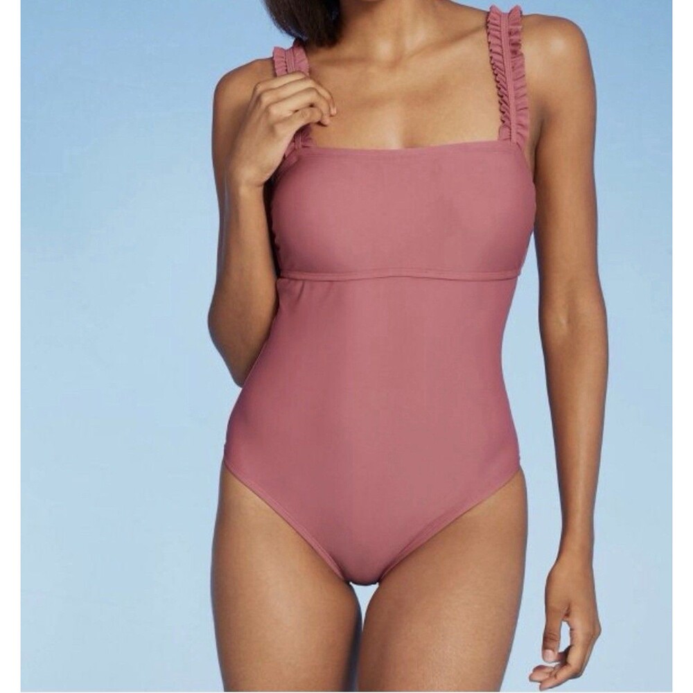Kona Sol Pink Mauve Bathing Swim Suit Size XL- One Piece Ruffle Square Neck - Picture 1 of 8